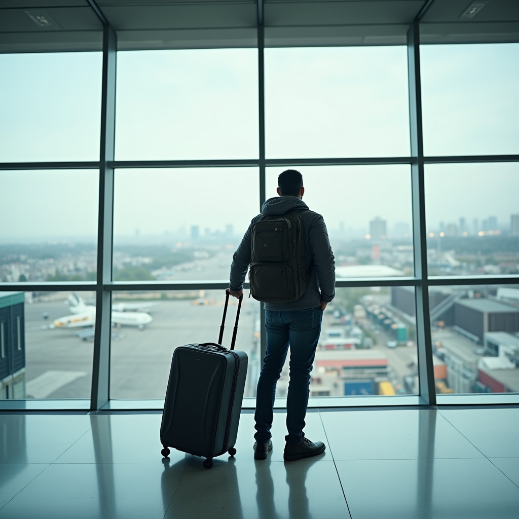 A person in their late thirties with luggage arriving at a Polish airport, looking out large windows at the city skyline beyond, mixture of excitement and uncertainty in their expression, bright natural daylight