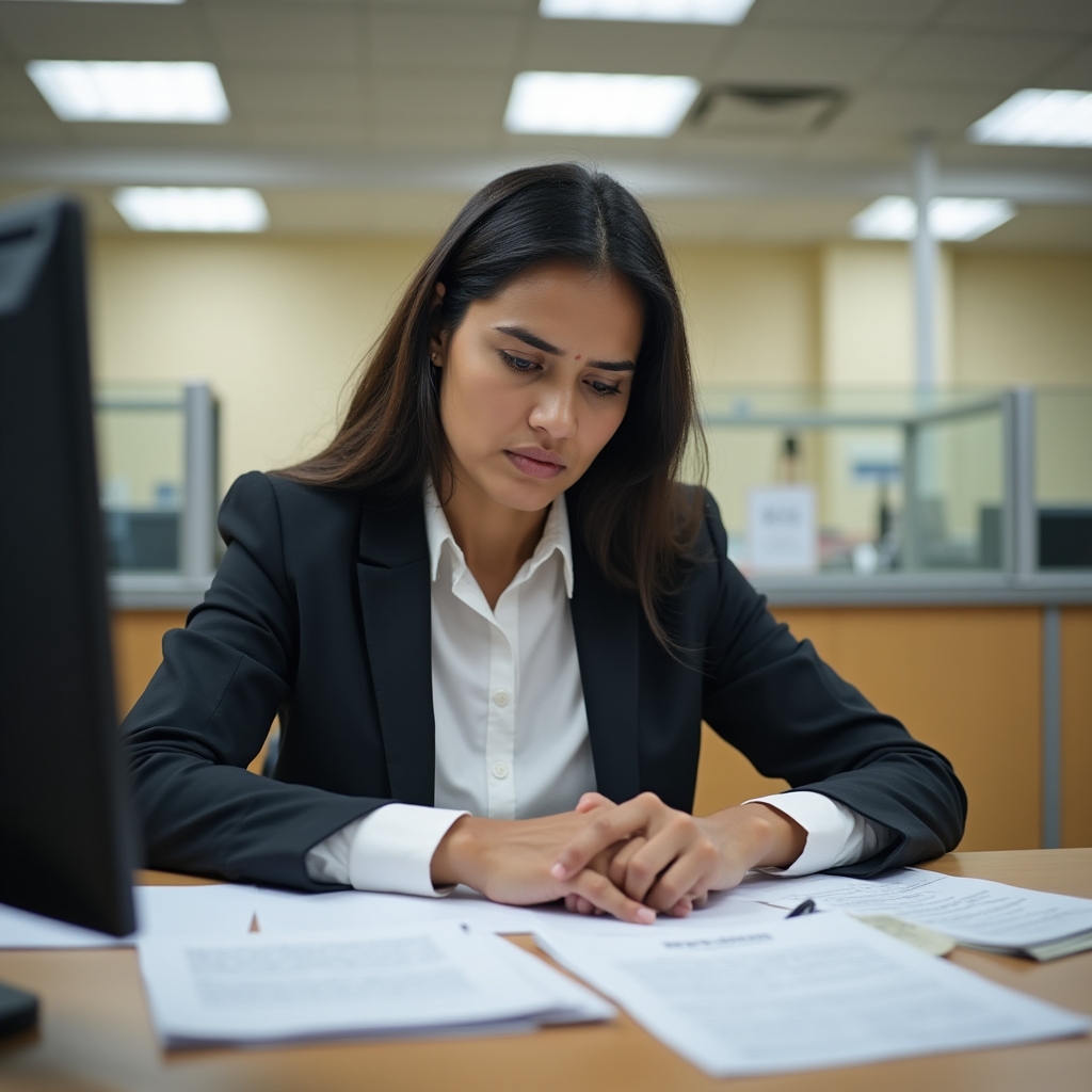 A person sitting at a government office desk with paperwork, looking patient but tired