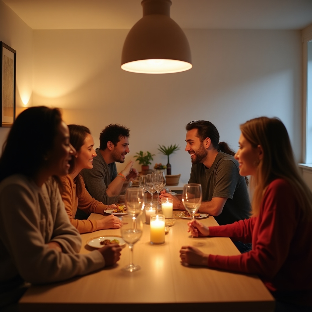 A small diverse group of people in their thirties sitting around a table in a bright Kraków apartment, laughing and talking, casual evening gathering, warm lamp light