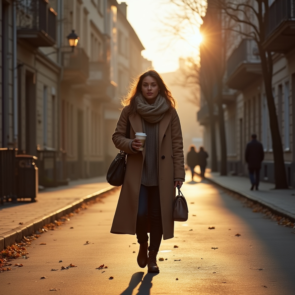 A person in their mid-thirties walking alone through a quiet Polish city street in early morning, carrying a reusable coffee cup, relaxed posture suggesting familiarity with the route, golden morning light, cobblestone street, old apartment buildings