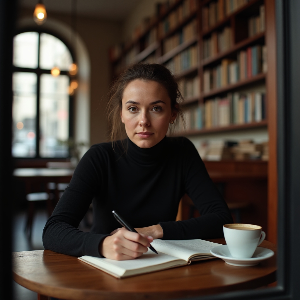 A person writing reflective notes in a Warsaw cafe, afternoon light through tall windows