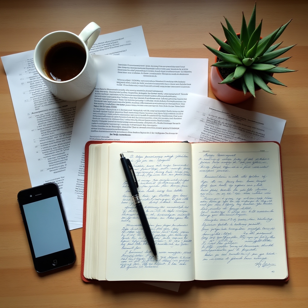 A wooden desk with scattered official-looking documents, a half-drunk coffee, a pen resting on an open notebook with handwritten notes, natural window light from the side, slightly chaotic but human atmosphere