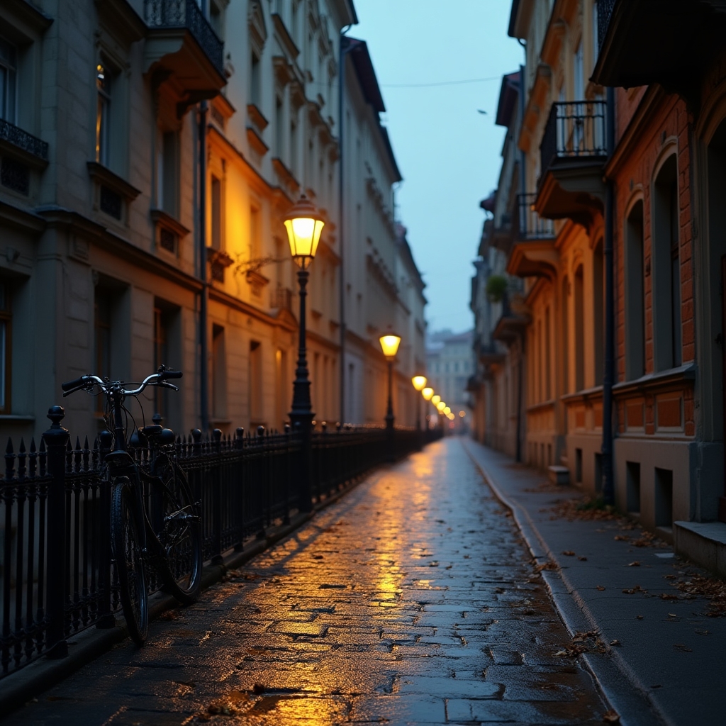 A quiet Szczecin street in early morning, cobblestones wet from overnight rain, warm lamp light still on