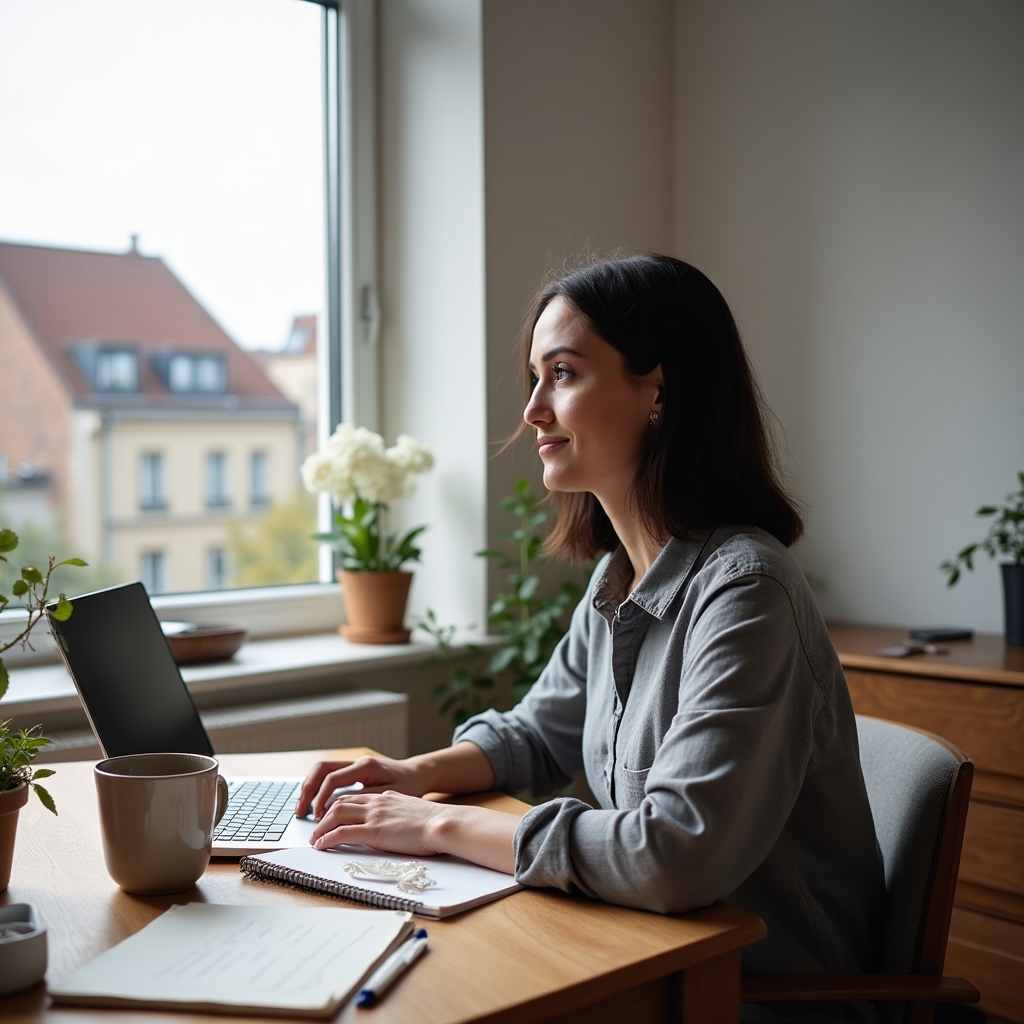 A writer in their early forties at a wooden desk near a large window overlooking Szczecin rooftops, soft morning light, thoughtful expression
